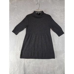 Eileen Fisher Merino Wool Contrast Stitch Sweater Dress Black PP 1/2 Sleeve
